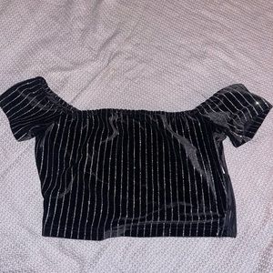 SUPER CUTE BLACK AND BEDAZZLED STRIPE OFF THE SHOULDER CROP